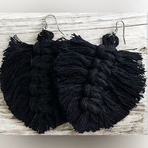 Black Macrame Fringe Earrings Approximately 3x3”